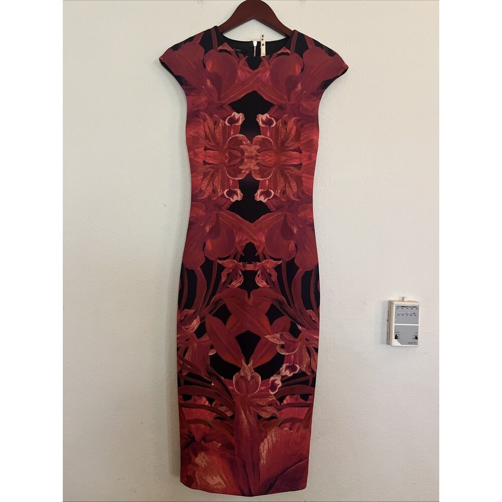 Ted Baker Naias Jungle Orchid Print Neoprene Midi Dress Red SZ 1 US 8